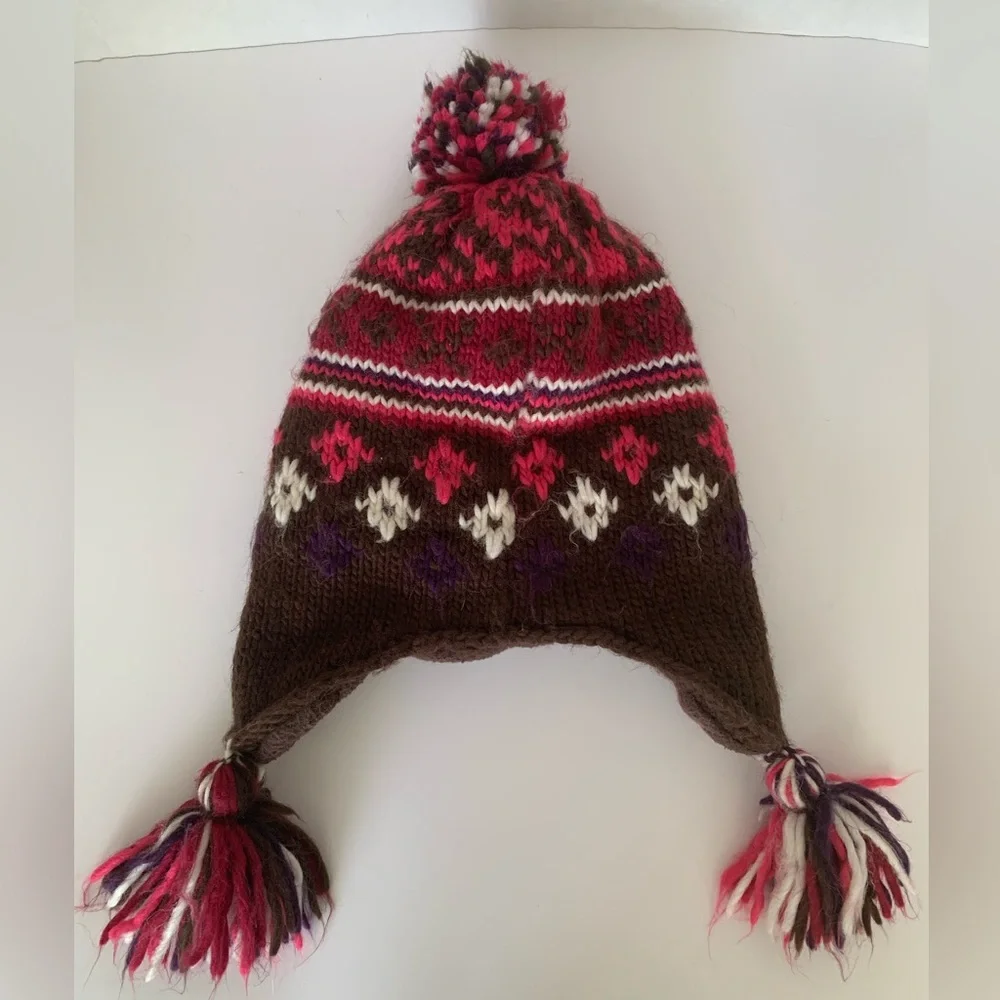 Knit Fleece Lined Hat Youth Size 4-7 Pink Brown White Ear Flap Pom Pom Tassels